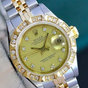 ROLEX LADIES DATEJUST TWO-TONE FACTORY DIAMOND DIAL DIAMOND BEZEL 26MM REF 69173